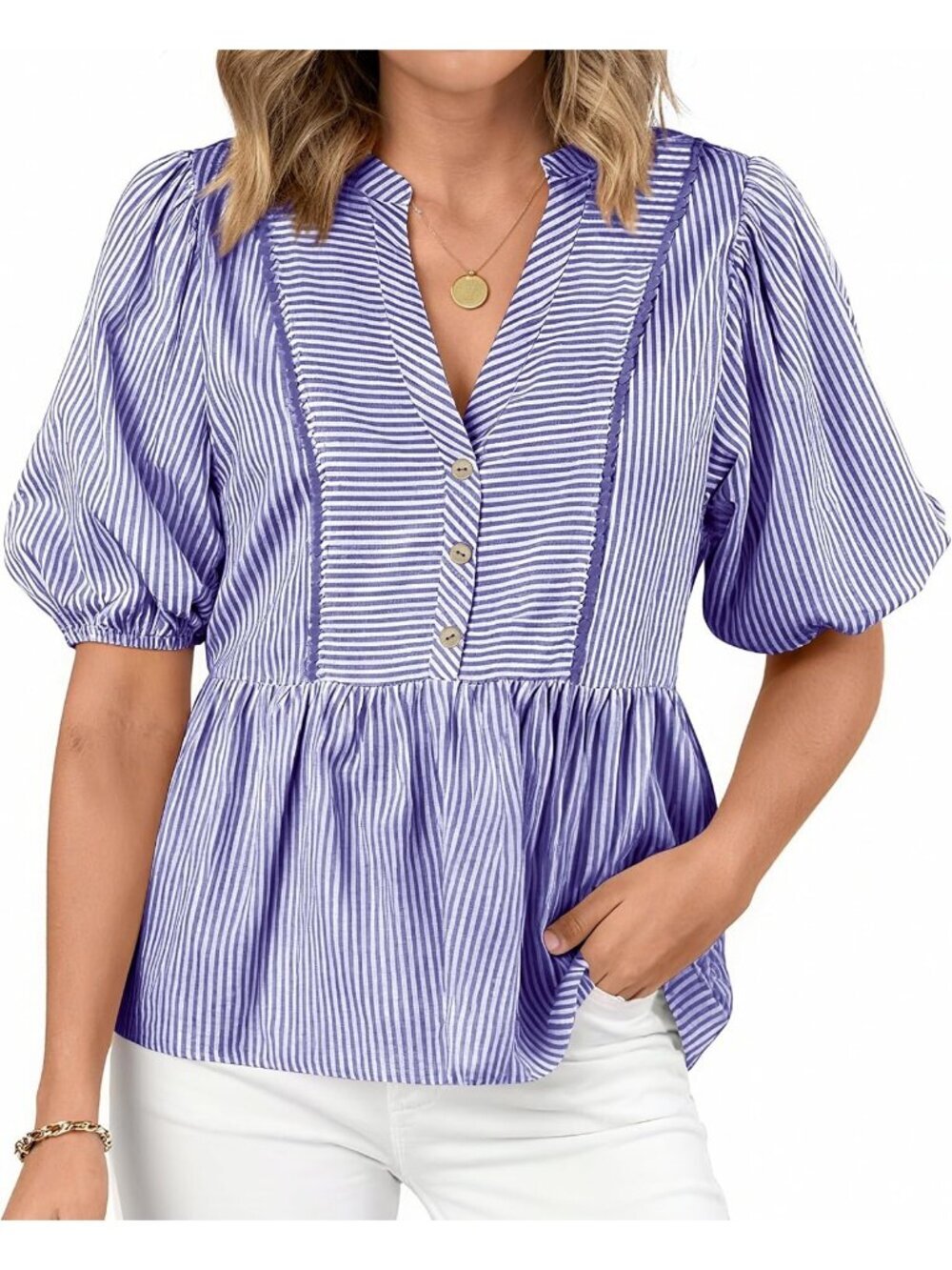 Women's Summer Tops Dark Blue Lantern Short Sleeve V Neck Button Peplum Shirts